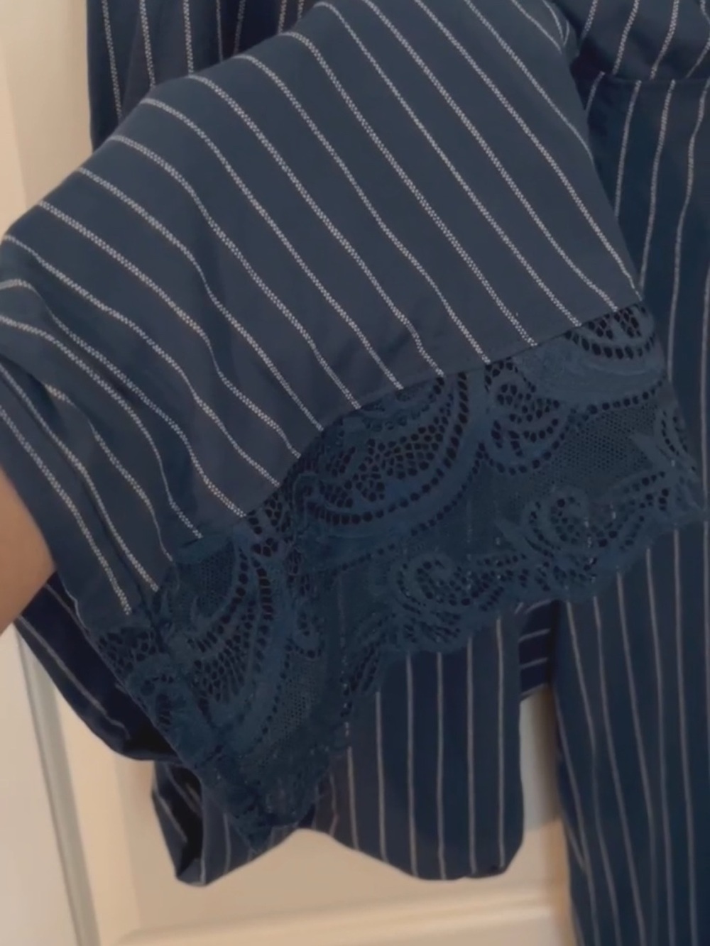 Soma pajama pants sz M BLUE TEAL WHITE PINSTRIPE LACE HEM New